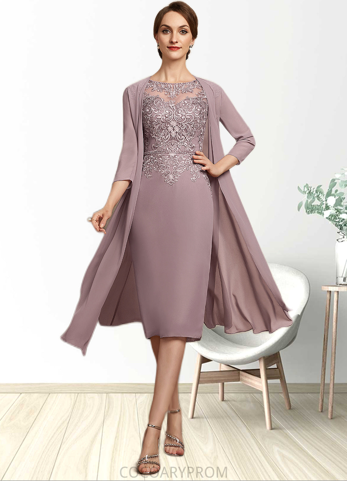 Cheyenne Sheath/Column Scoop Neck Knee-Length Chiffon Lace Mother of the Bride Dress With Beading Sequins DA8126P0014666