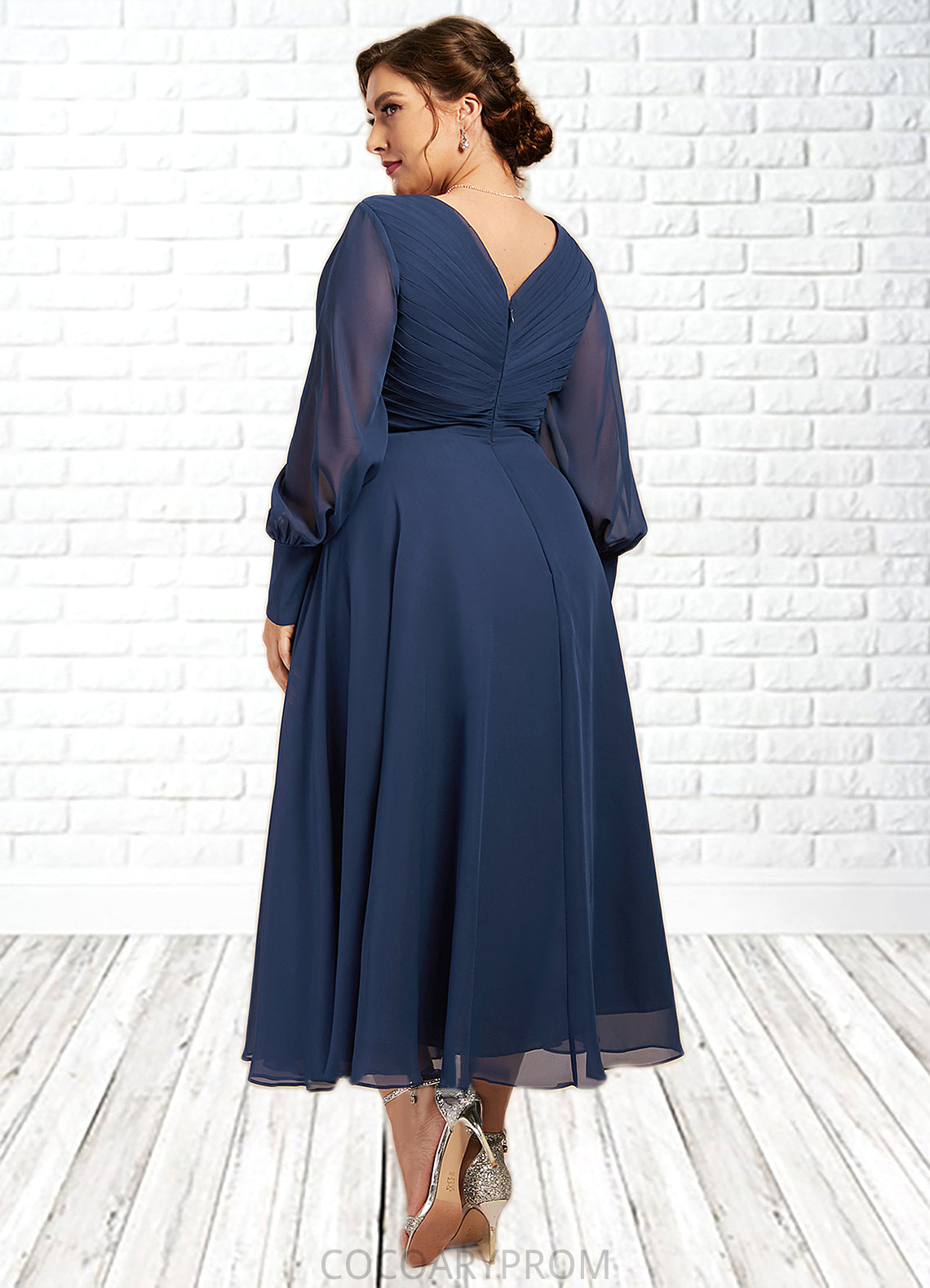 Tatum A-Line V-neck Tea-Length Chiffon Mother of the Bride Dress With Ruffle DA8126P0014669