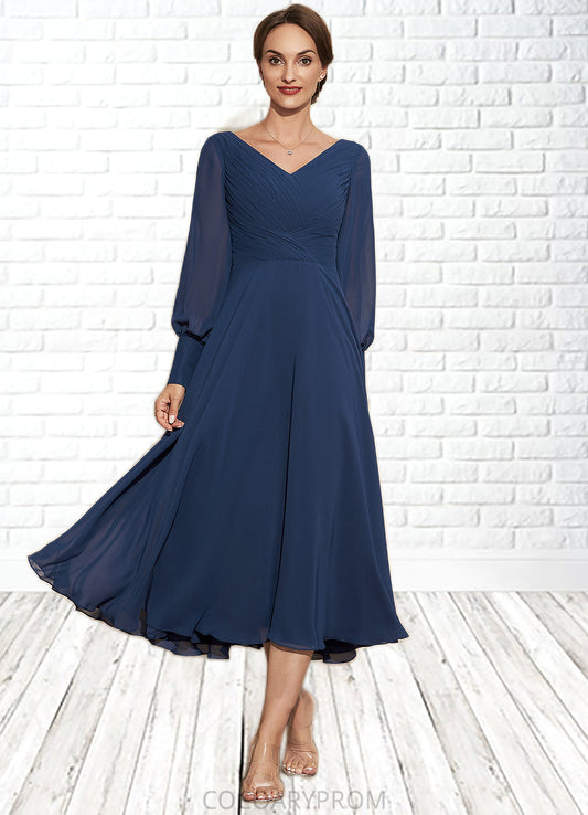 Tatum A-Line V-neck Tea-Length Chiffon Mother of the Bride Dress With Ruffle DA8126P0014669