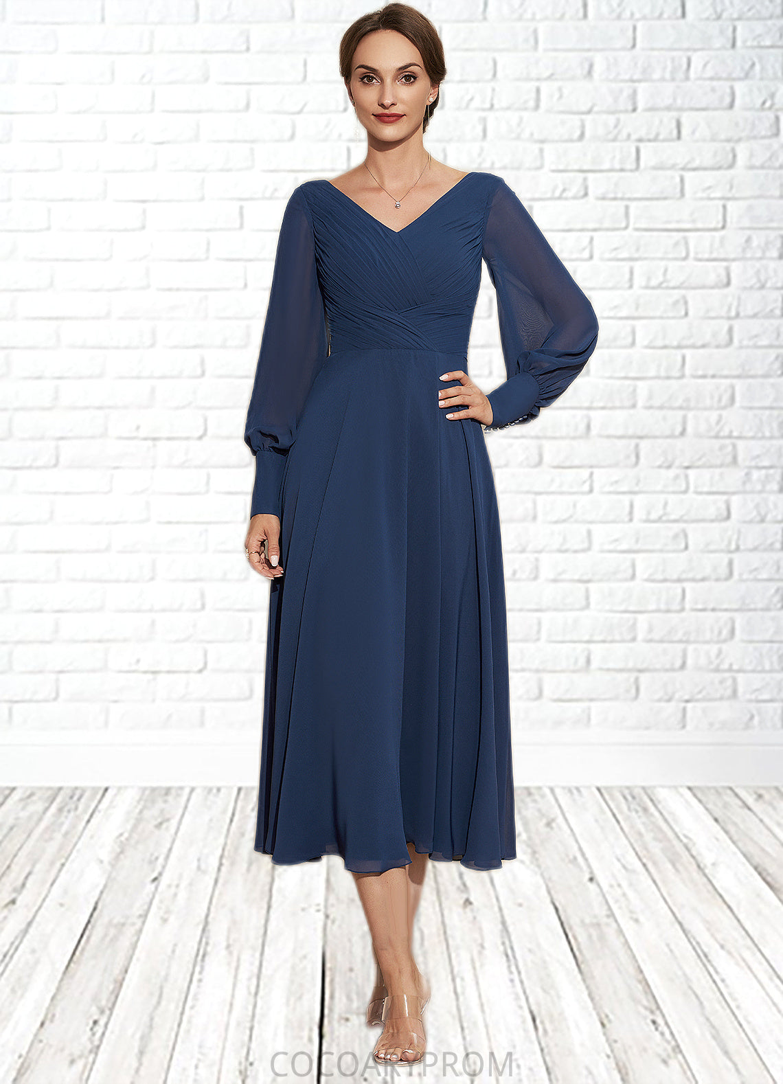 Tatum A-Line V-neck Tea-Length Chiffon Mother of the Bride Dress With Ruffle DA8126P0014669