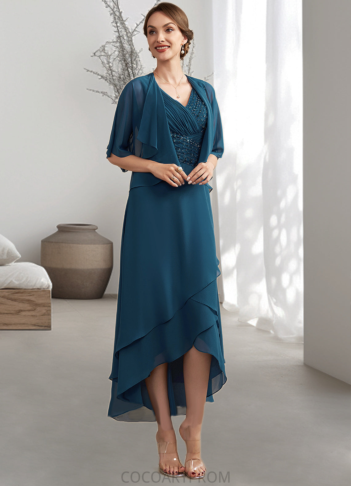 Cassidy A-Line V-neck Asymmetrical Chiffon Mother of the Bride Dress With Ruffle Beading Sequins DA8126P0014671