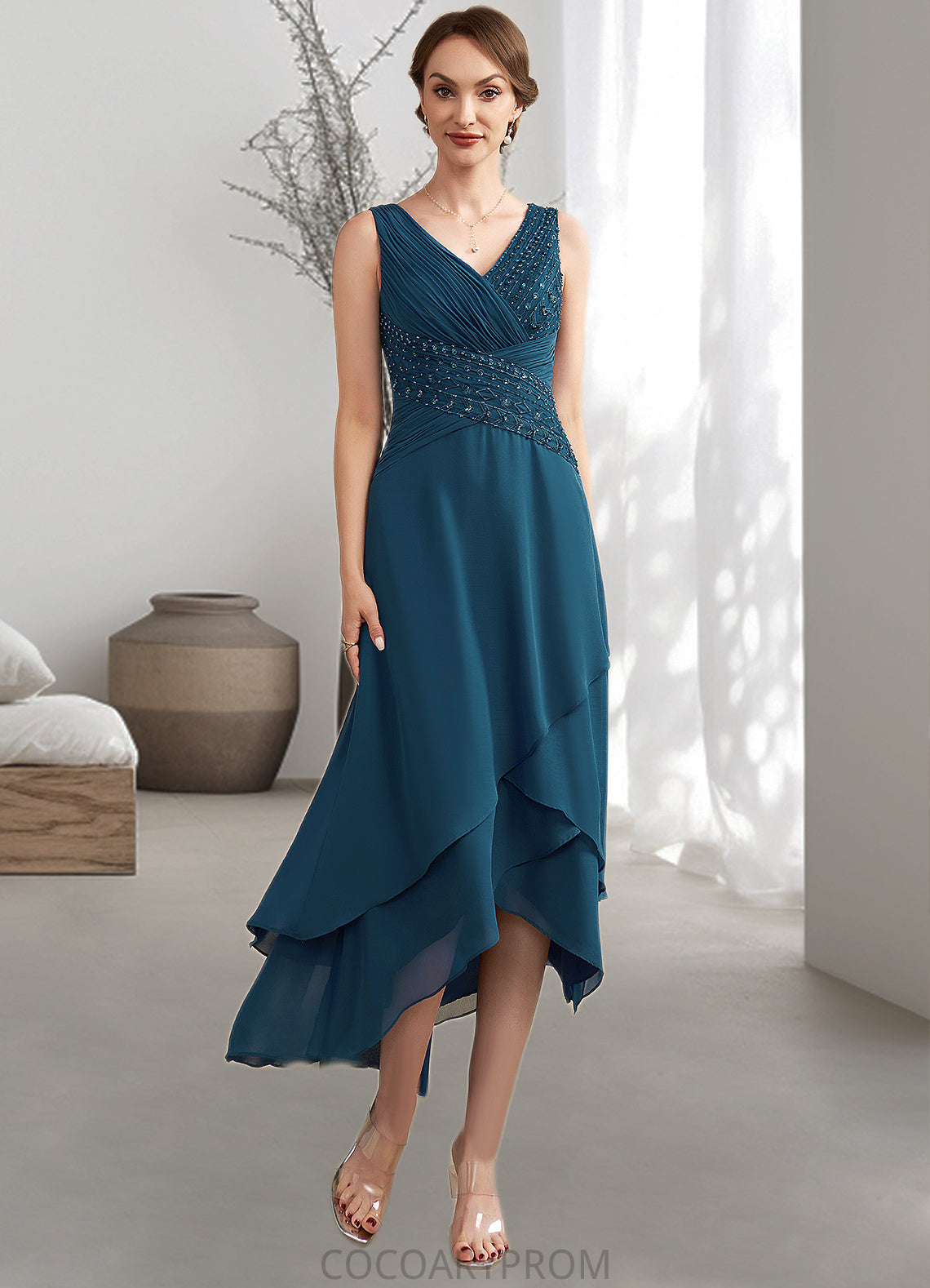 Cassidy A-Line V-neck Asymmetrical Chiffon Mother of the Bride Dress With Ruffle Beading Sequins DA8126P0014671