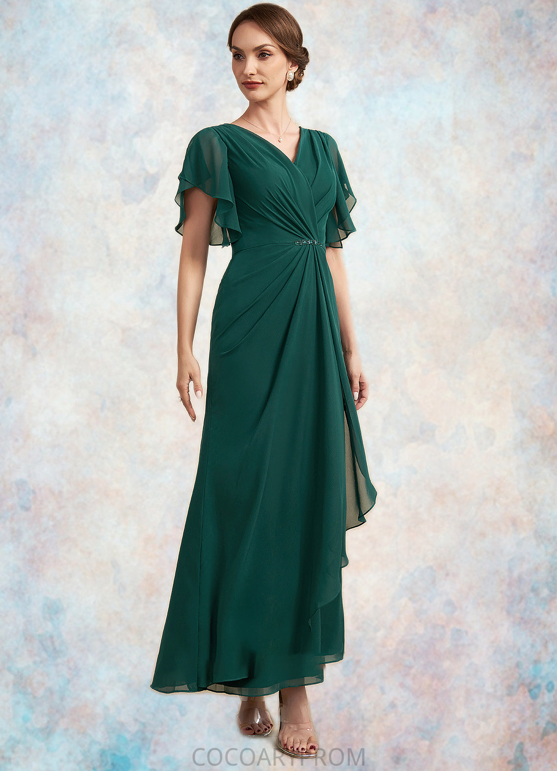 Brittany A-Line V-neck Ankle-Length Chiffon Mother of the Bride Dress With Ruffle Beading Sequins DA8126P0014672