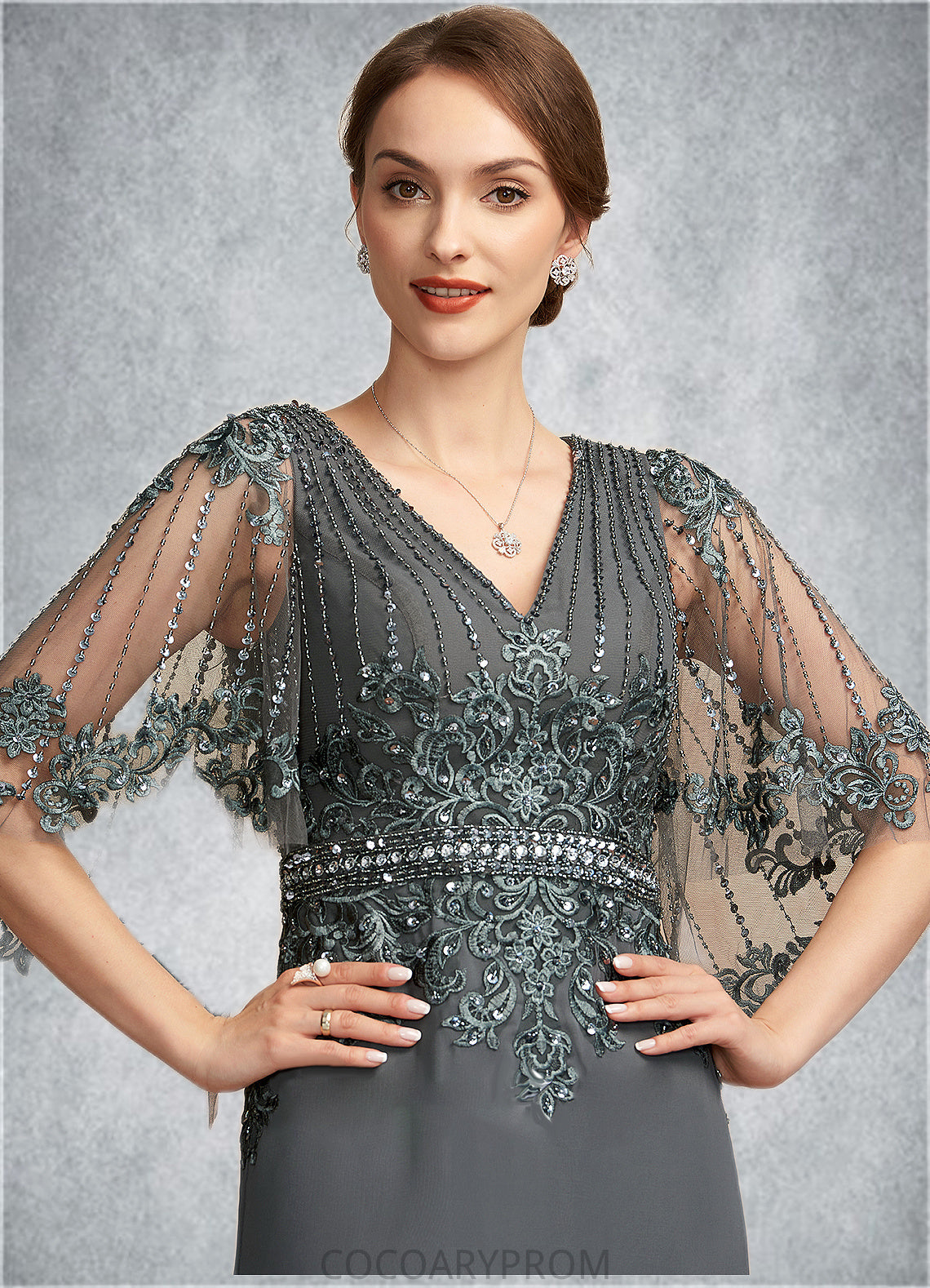 Elise A-Line V-neck Floor-Length Chiffon Lace Mother of the Bride Dress With Beading Sequins DA8126P0014674