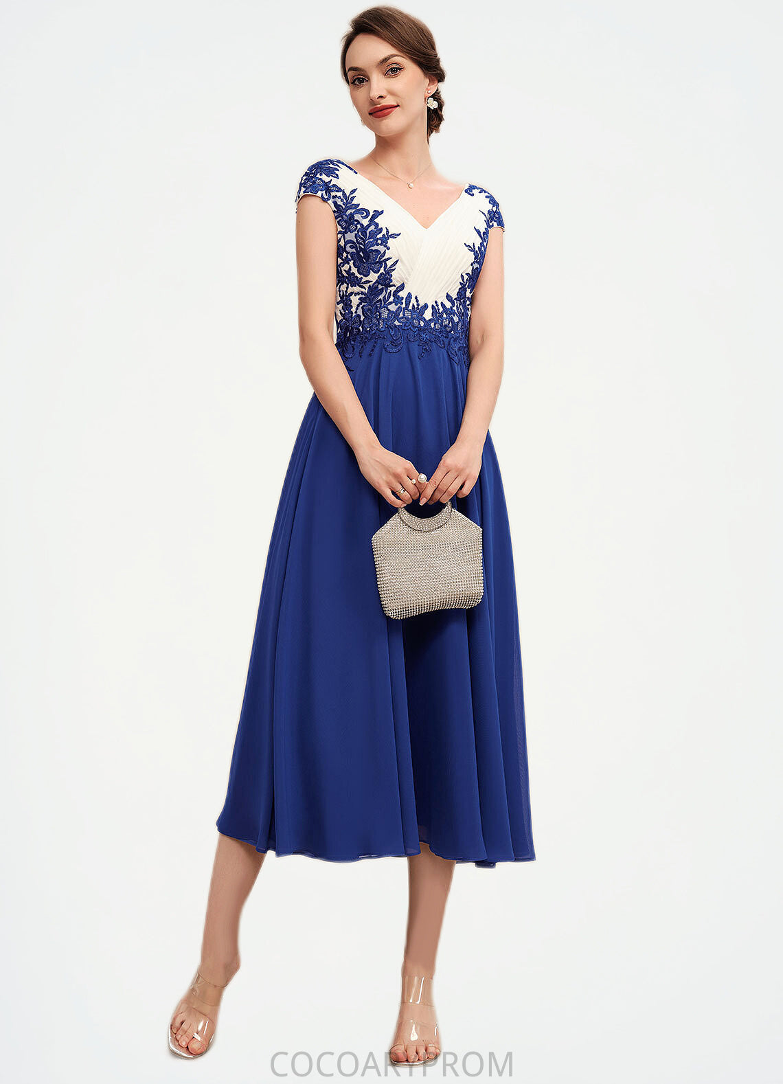 Claire A-Line V-neck Tea-Length Chiffon Mother of the Bride Dress With Ruffle Lace DA8126P0014677