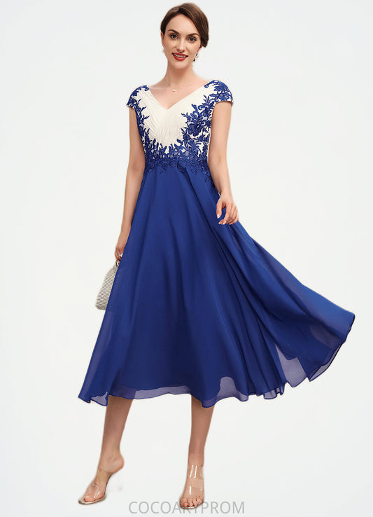 Claire A-Line V-neck Tea-Length Chiffon Mother of the Bride Dress With Ruffle Lace DA8126P0014677