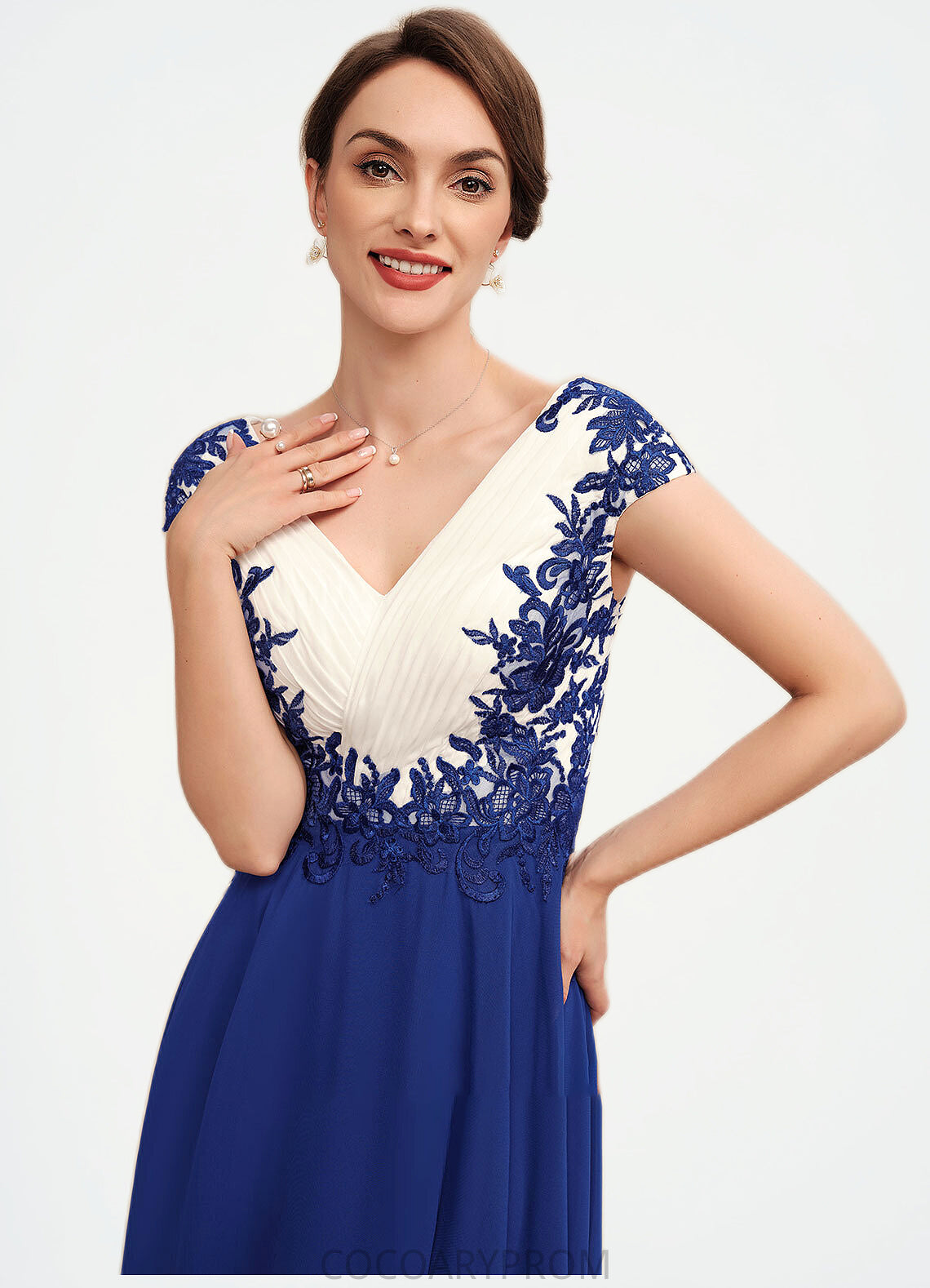 Claire A-Line V-neck Tea-Length Chiffon Mother of the Bride Dress With Ruffle Lace DA8126P0014677