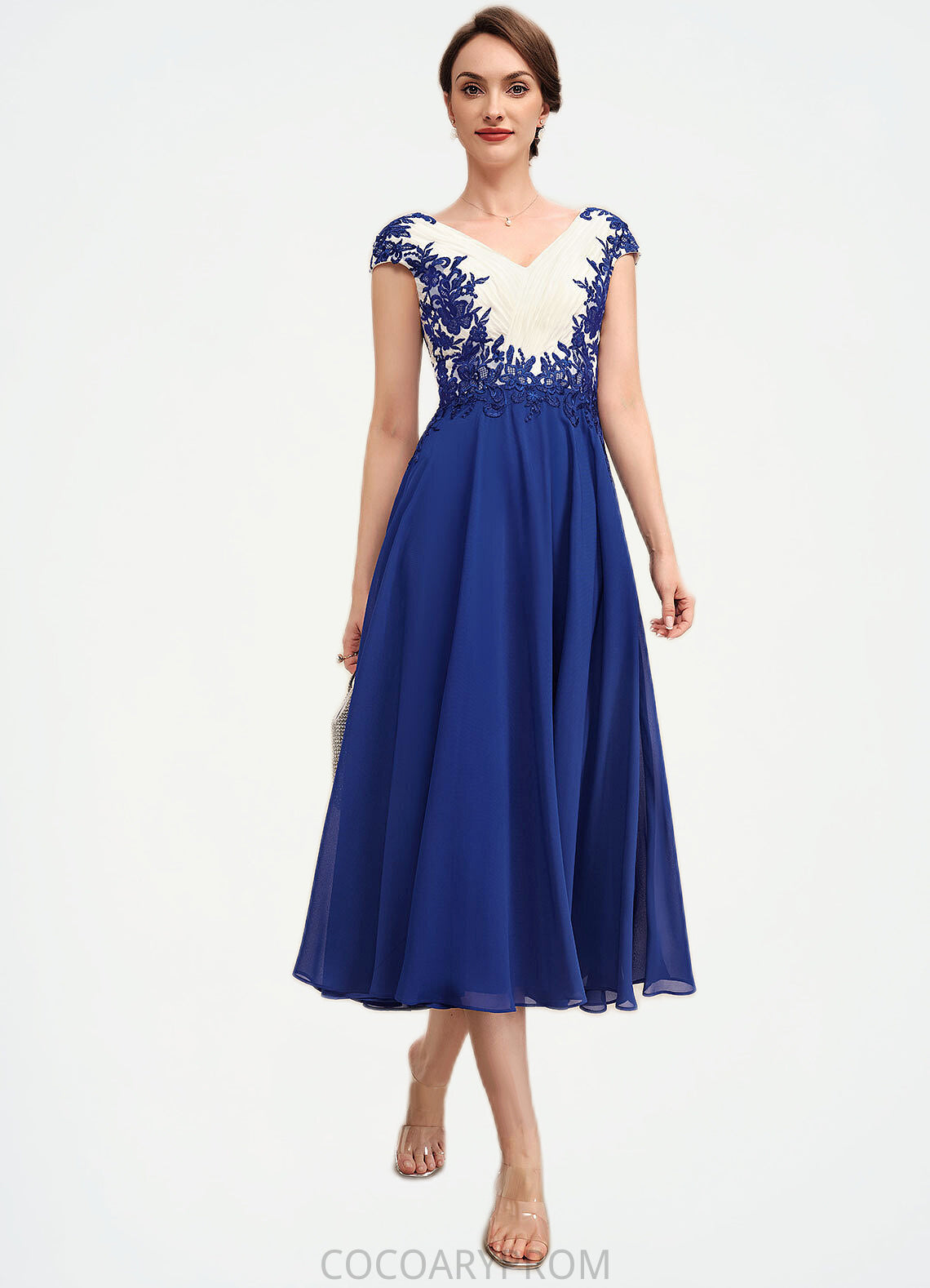 Claire A-Line V-neck Tea-Length Chiffon Mother of the Bride Dress With Ruffle Lace DA8126P0014677