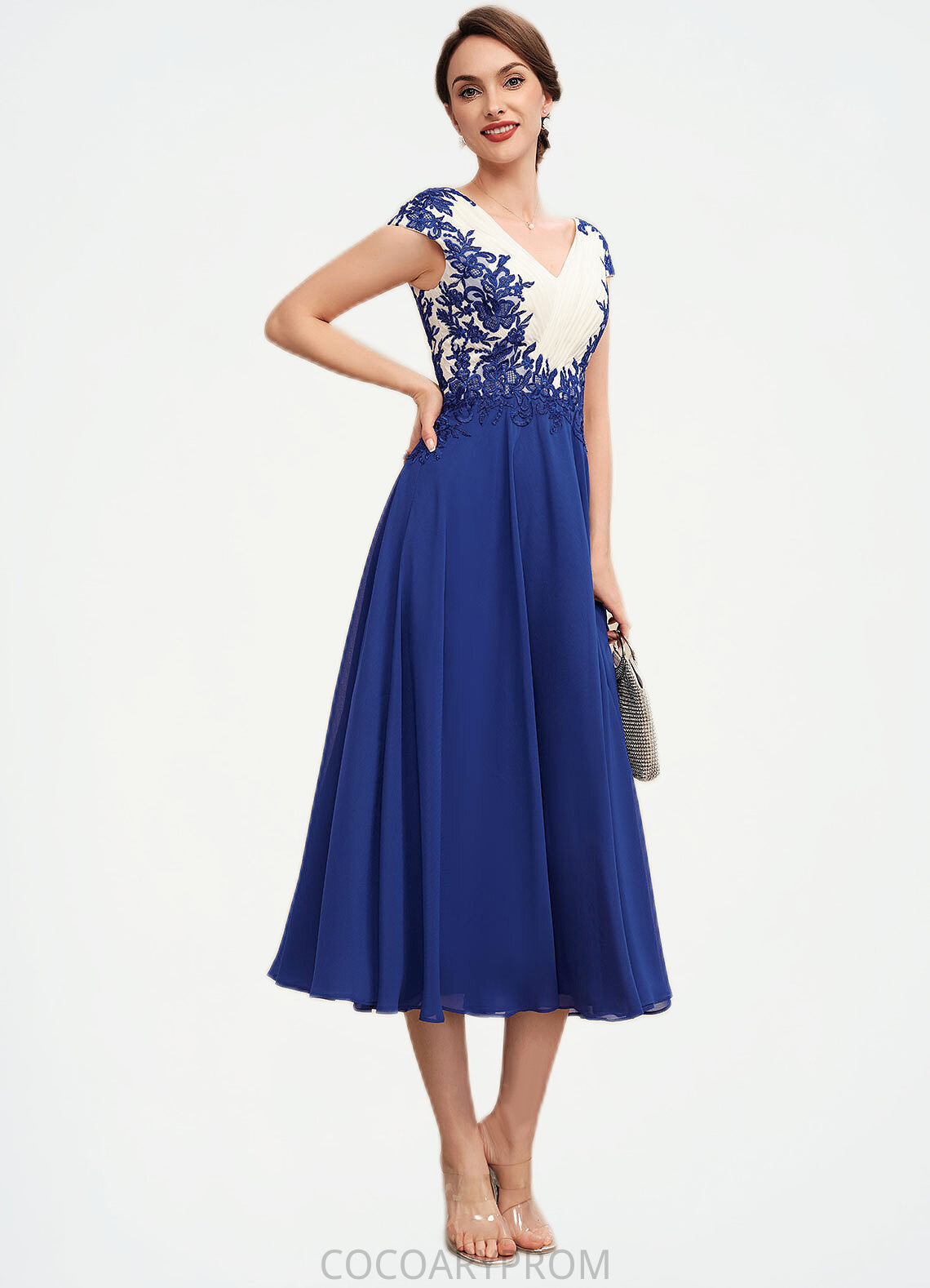 Claire A-Line V-neck Tea-Length Chiffon Mother of the Bride Dress With Ruffle Lace DA8126P0014677