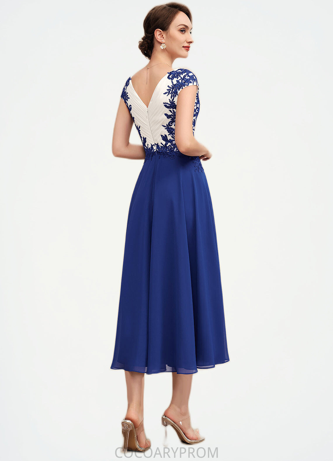 Claire A-Line V-neck Tea-Length Chiffon Mother of the Bride Dress With Ruffle Lace DA8126P0014677