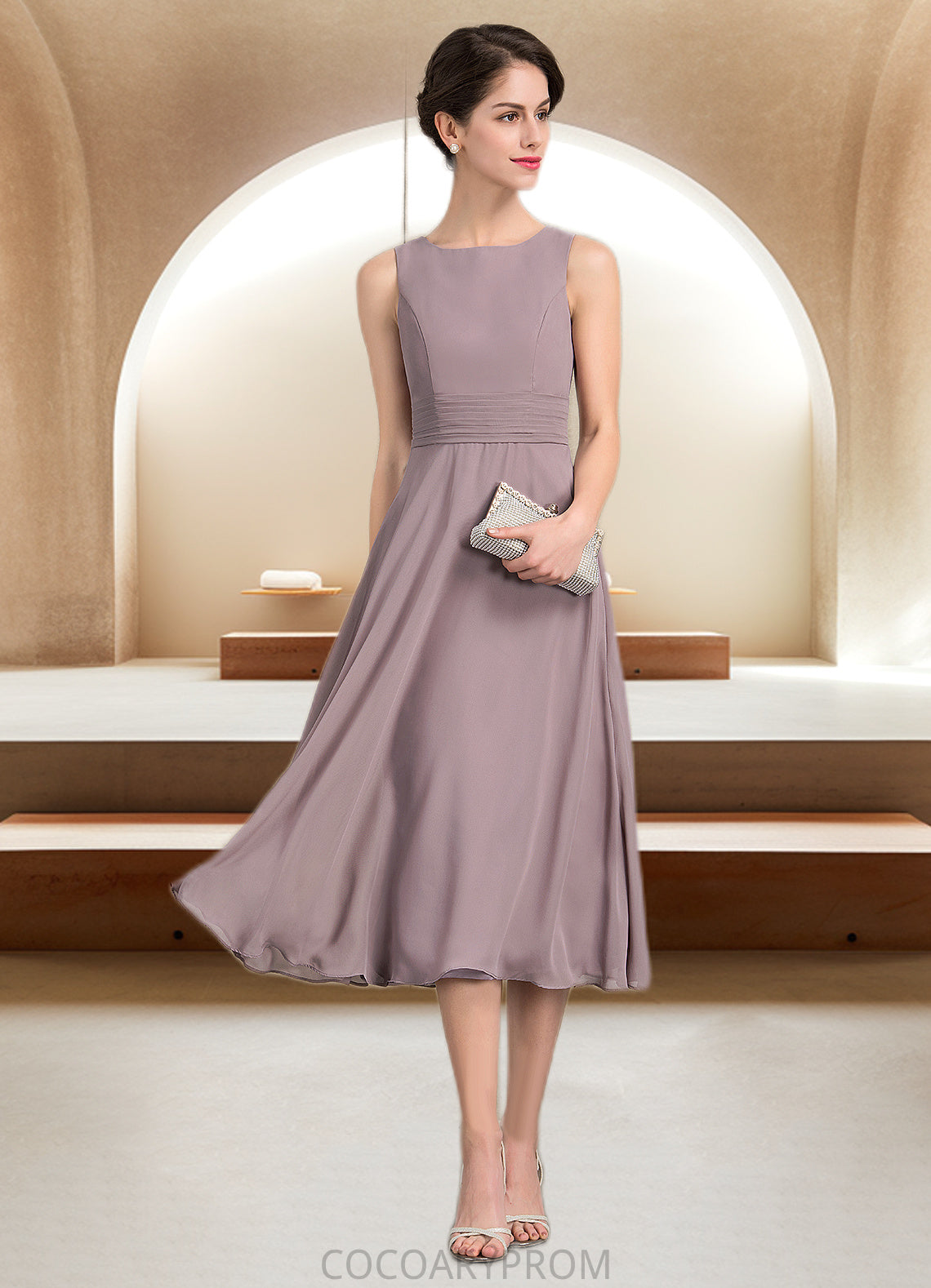 Emilia A-Line Scoop Neck Tea-Length Chiffon Mother of the Bride Dress With Ruffle DA8126P0014679