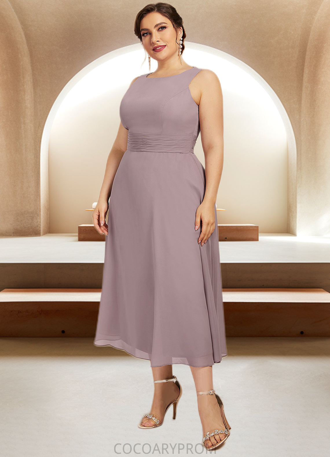 Emilia A-Line Scoop Neck Tea-Length Chiffon Mother of the Bride Dress With Ruffle DA8126P0014679