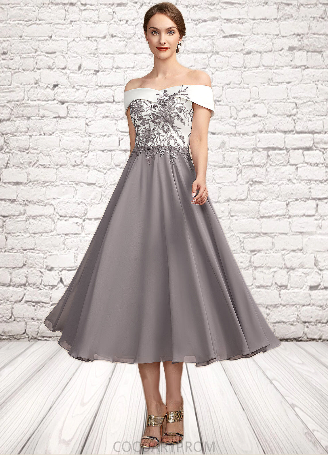 Andrea A-Line Off-the-Shoulder Tea-Length Chiffon Lace Mother of the Bride Dress DA8126P0014680