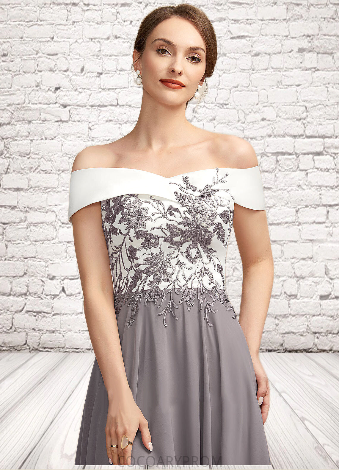 Andrea A-Line Off-the-Shoulder Tea-Length Chiffon Lace Mother of the Bride Dress DA8126P0014680