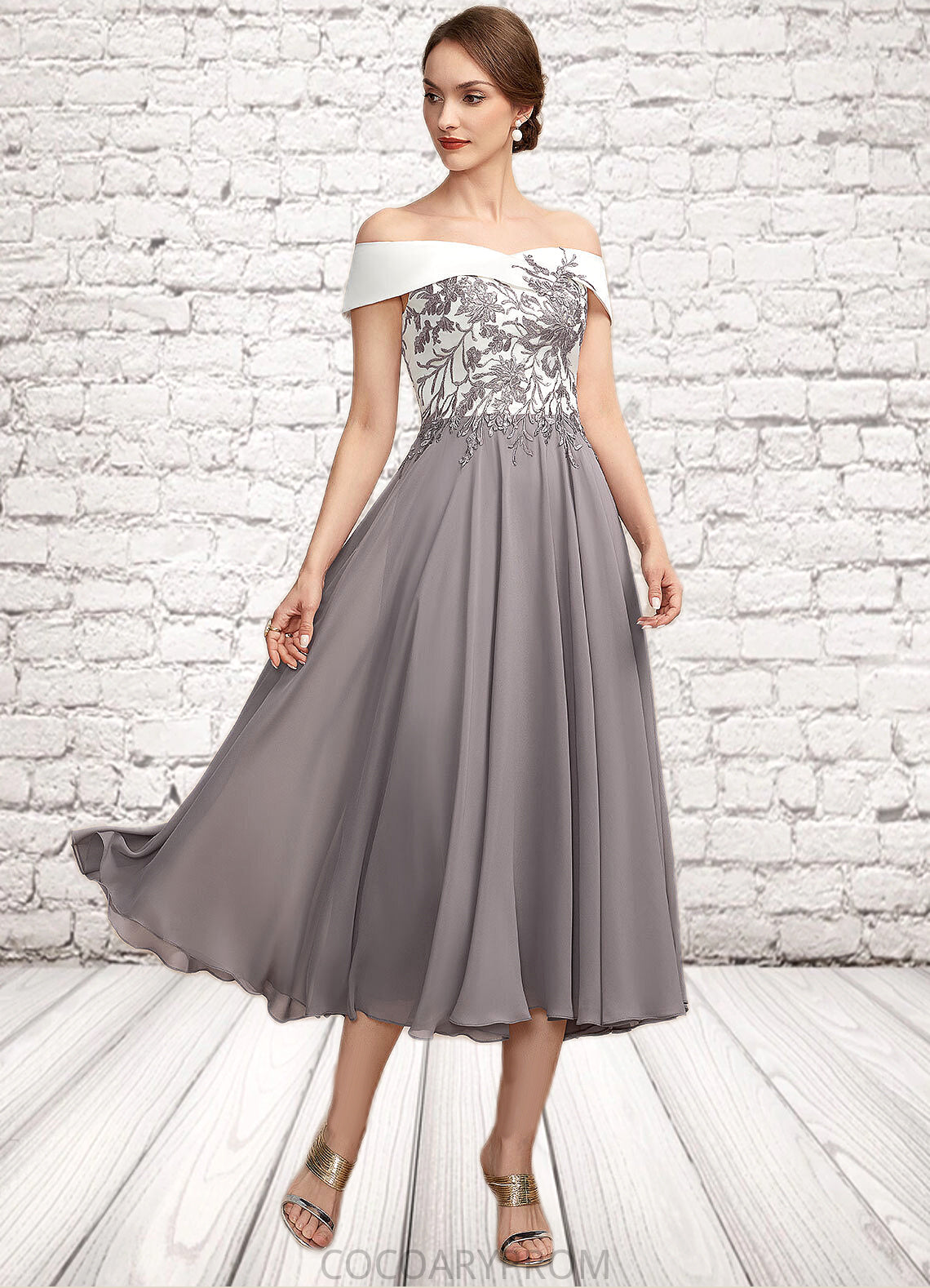 Andrea A-Line Off-the-Shoulder Tea-Length Chiffon Lace Mother of the Bride Dress DA8126P0014680