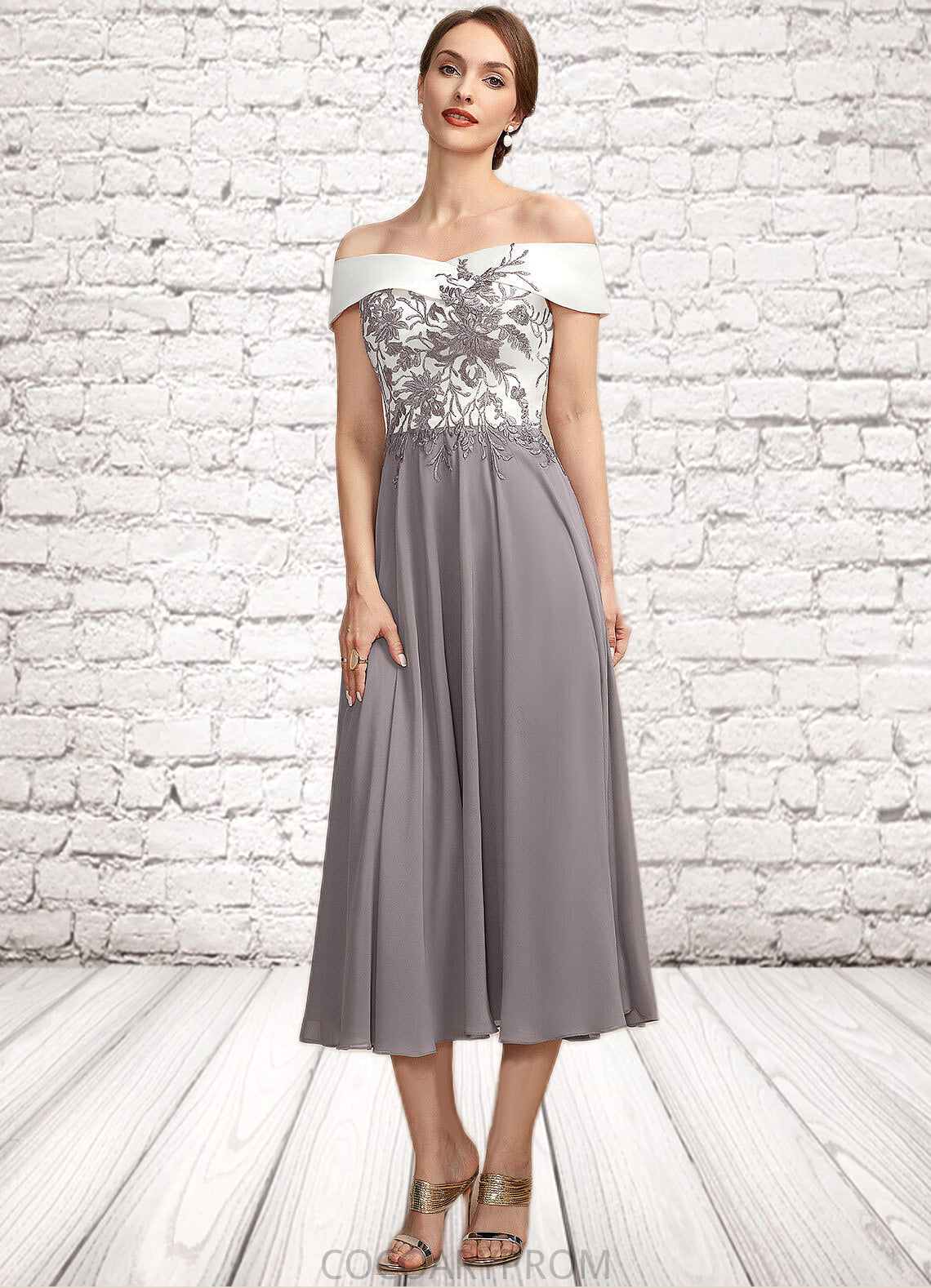 Andrea A-Line Off-the-Shoulder Tea-Length Chiffon Lace Mother of the Bride Dress DA8126P0014680