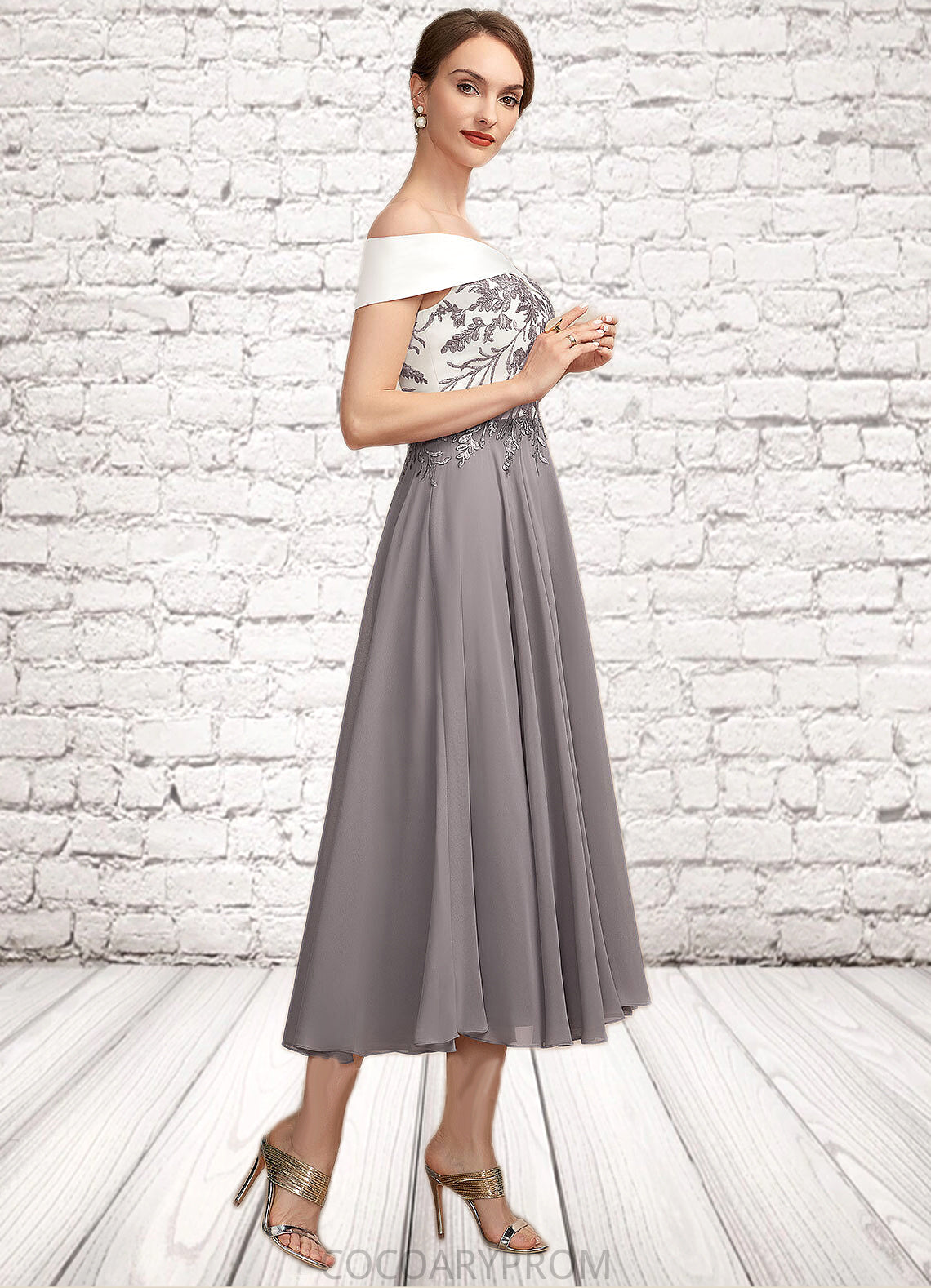 Andrea A-Line Off-the-Shoulder Tea-Length Chiffon Lace Mother of the Bride Dress DA8126P0014680