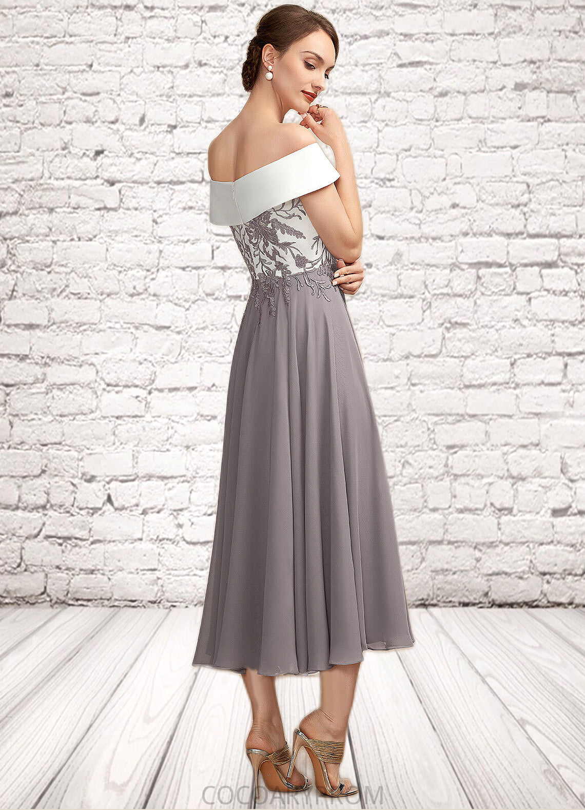 Andrea A-Line Off-the-Shoulder Tea-Length Chiffon Lace Mother of the Bride Dress DA8126P0014680