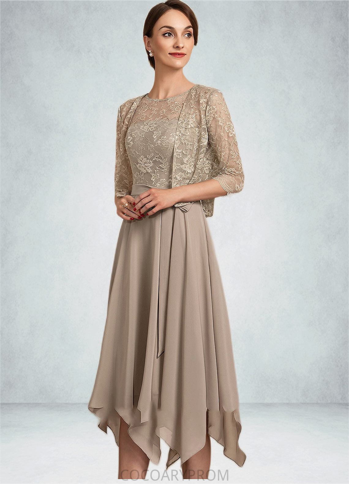 Finley A-Line Scoop Neck Tea-Length Chiffon Lace Mother of the Bride Dress With Bow(s) DA8126P0014681