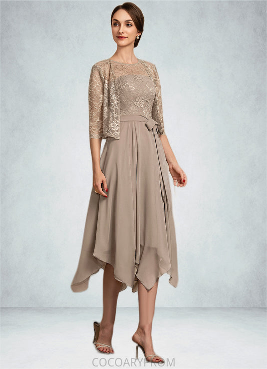 Finley A-Line Scoop Neck Tea-Length Chiffon Lace Mother of the Bride Dress With Bow(s) DA8126P0014681