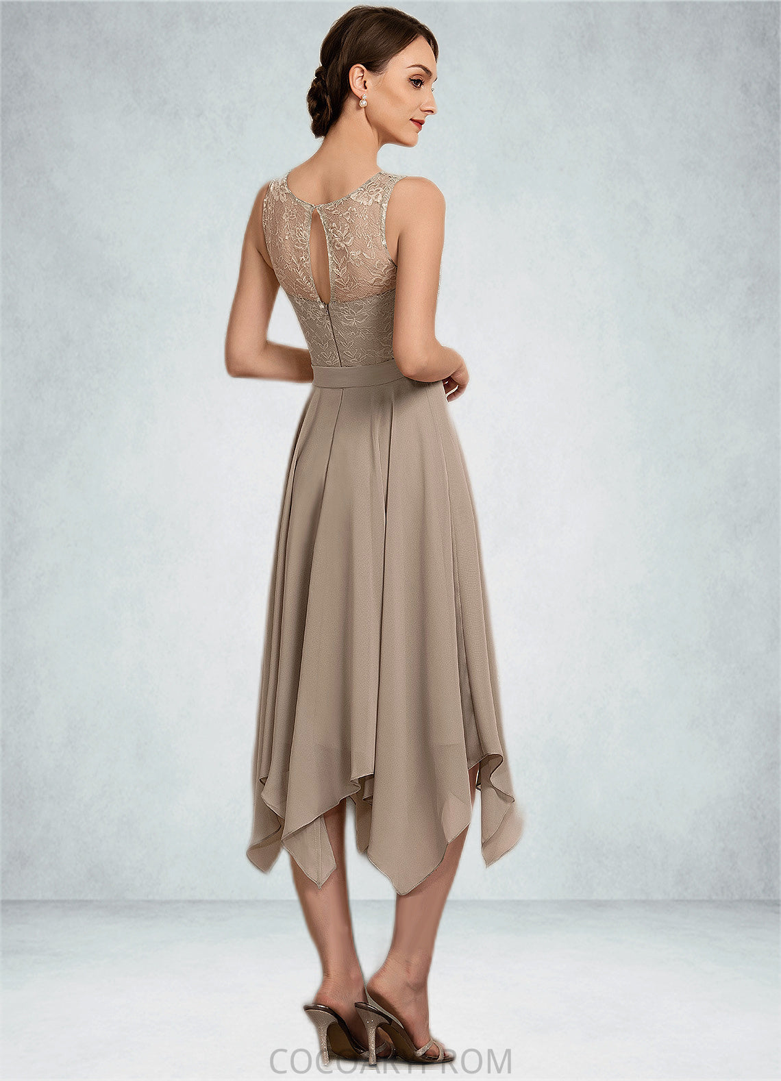 Finley A-Line Scoop Neck Tea-Length Chiffon Lace Mother of the Bride Dress With Bow(s) DA8126P0014681