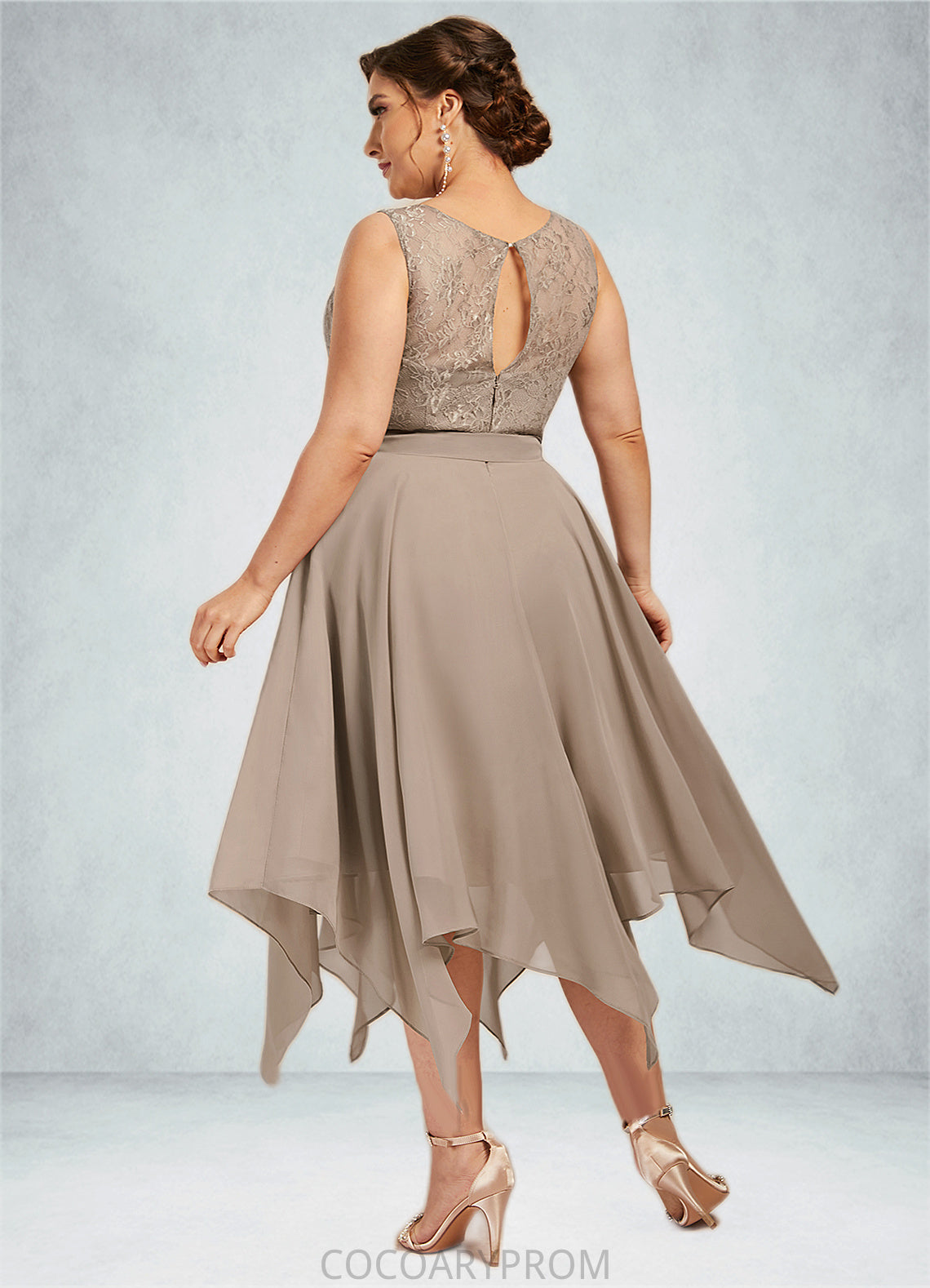 Finley A-Line Scoop Neck Tea-Length Chiffon Lace Mother of the Bride Dress With Bow(s) DA8126P0014681