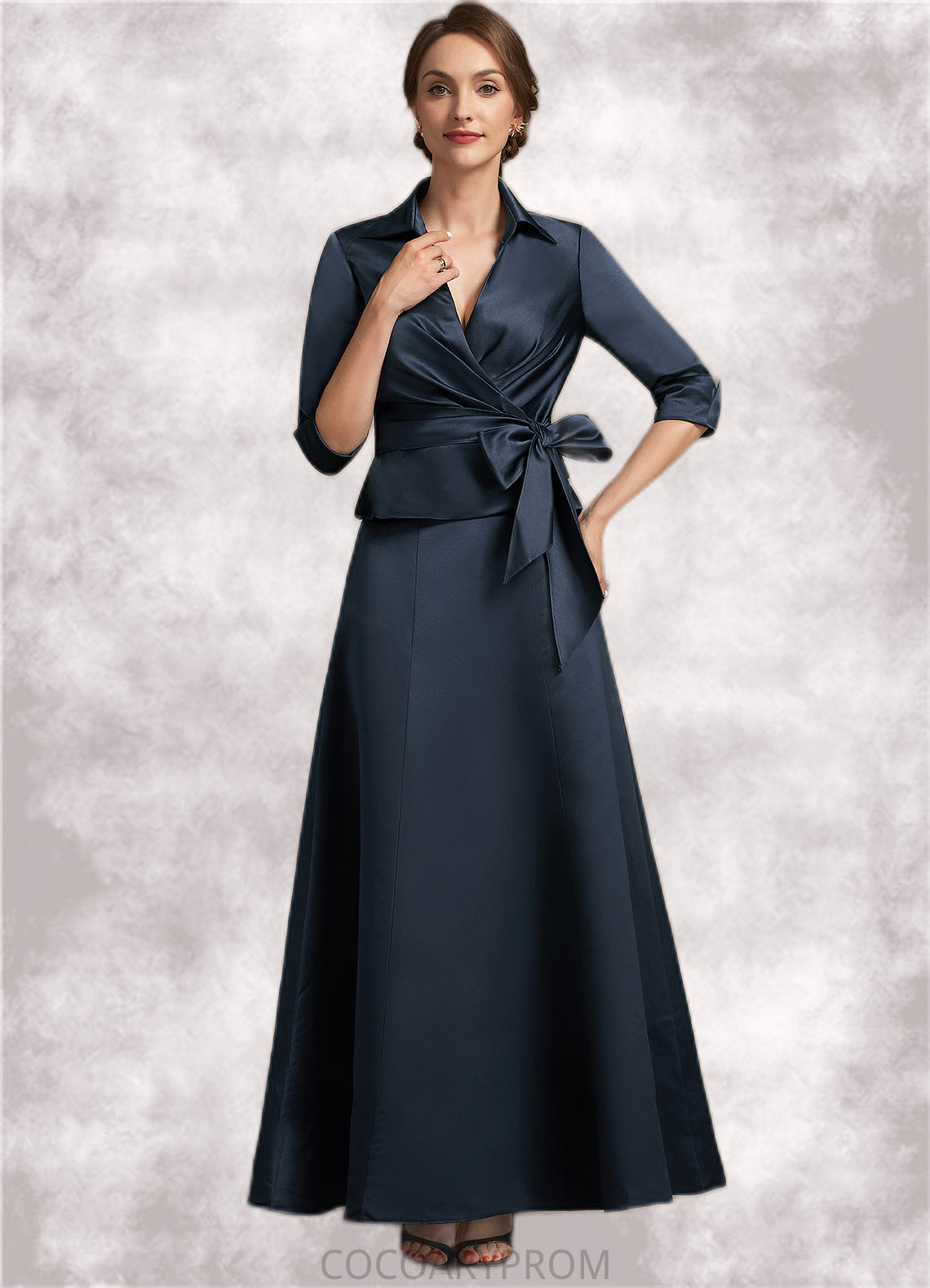 Gia A-Line V-neck Ankle-Length Satin Mother of the Bride Dress With Bow(s) DA8126P0014683