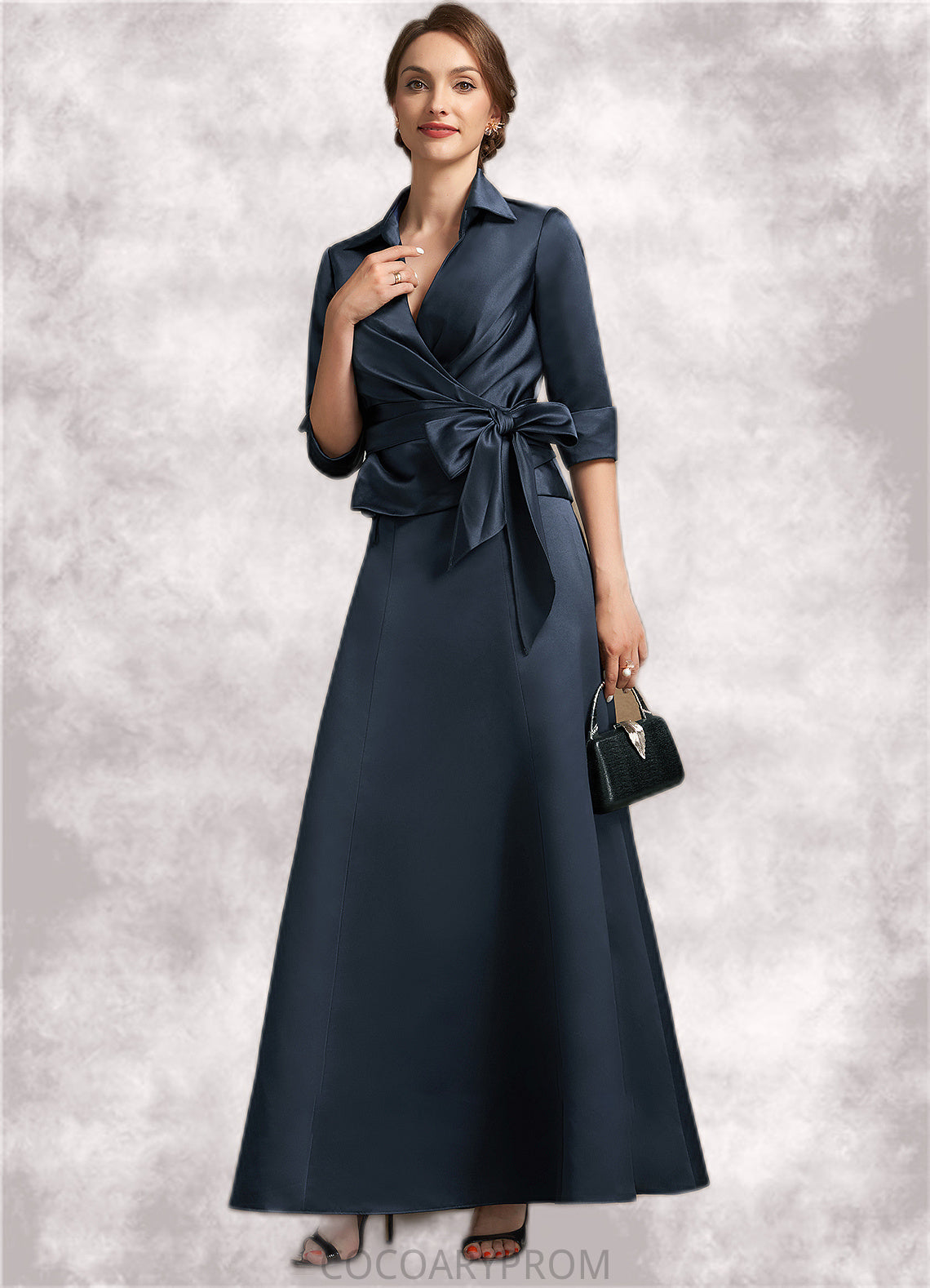 Gia A-Line V-neck Ankle-Length Satin Mother of the Bride Dress With Bow(s) DA8126P0014683