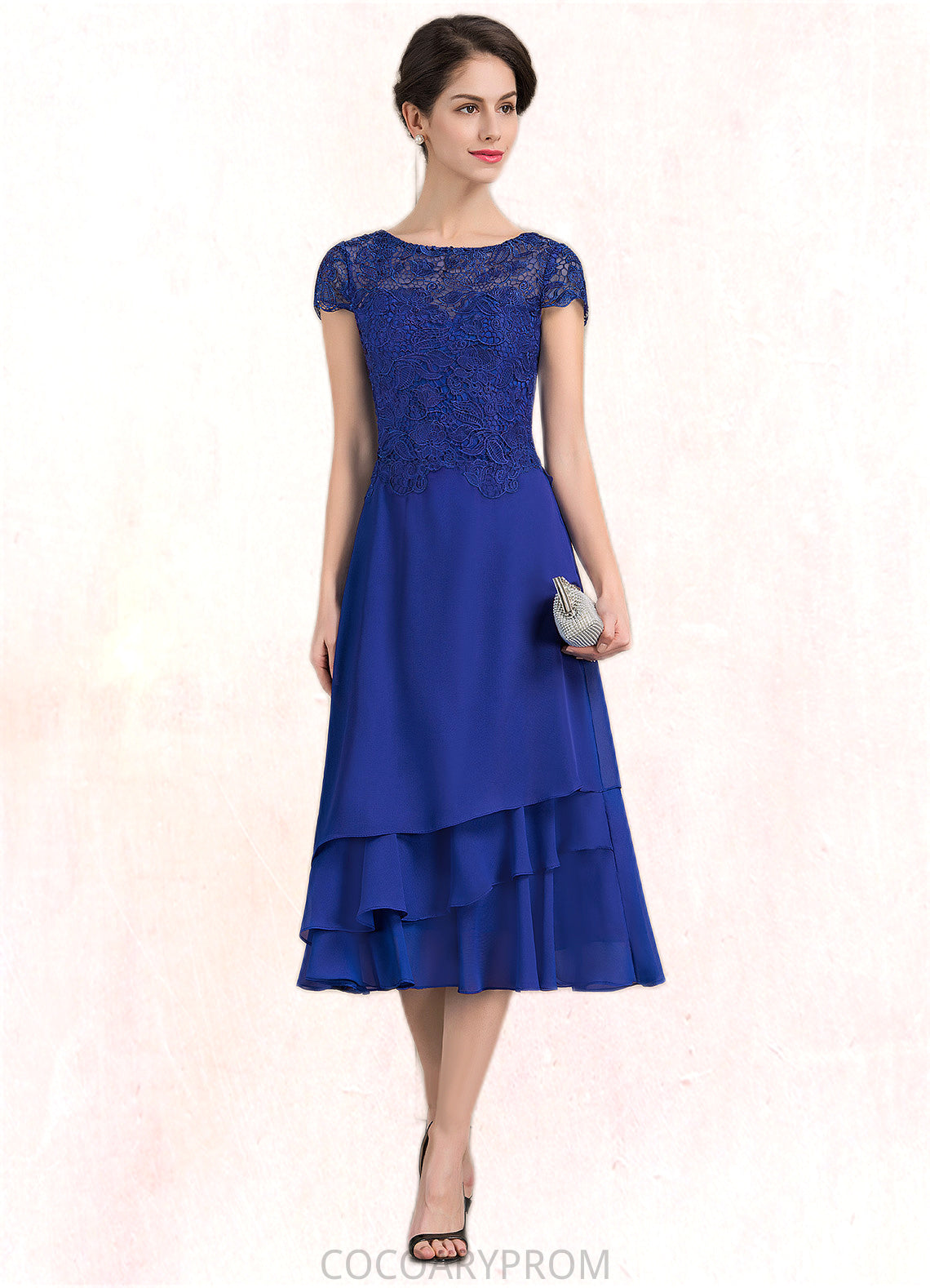 Mandy A-Line Scoop Neck Tea-Length Chiffon Lace Mother of the Bride Dress DA8126P0014685