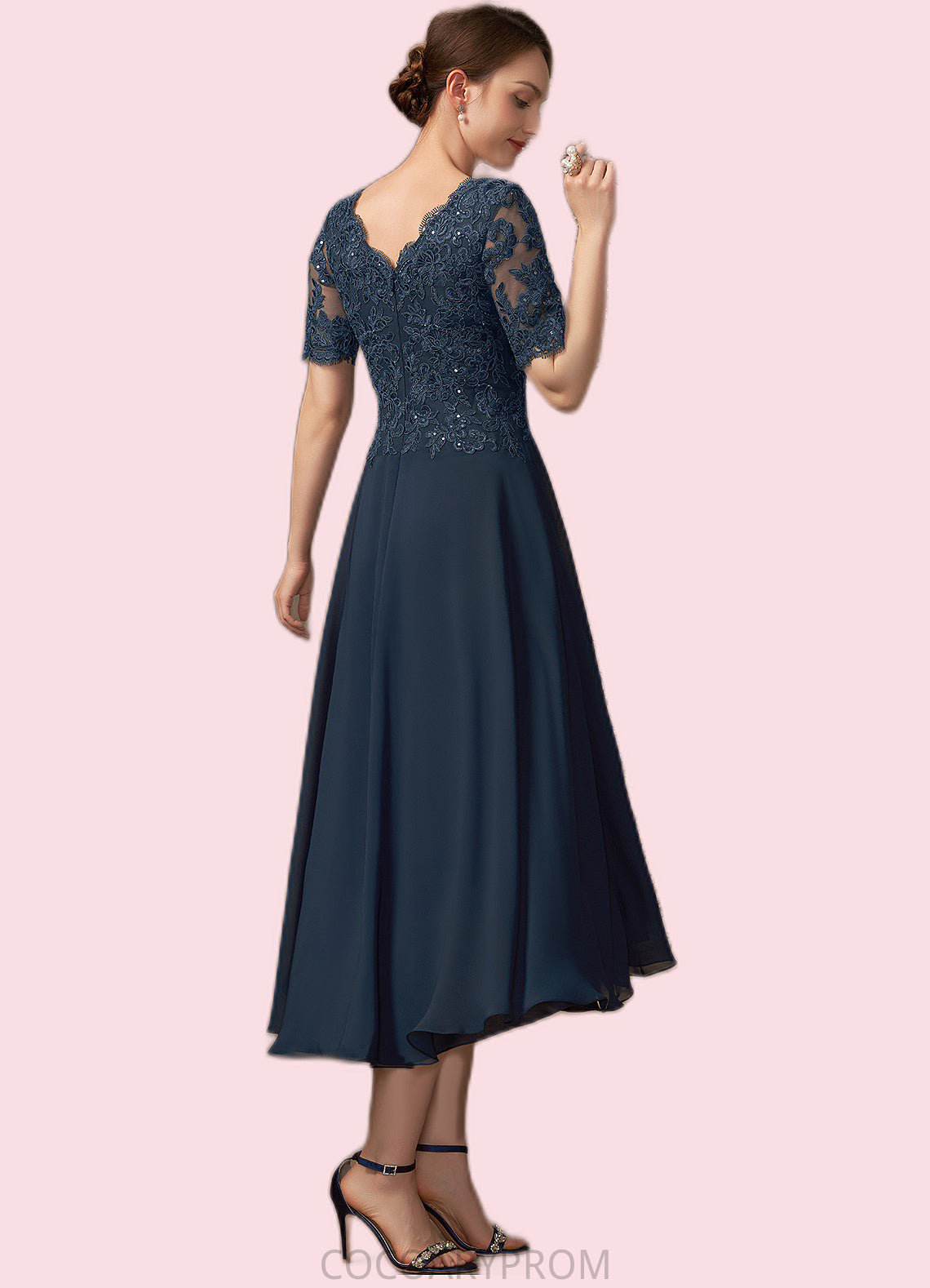 Cecilia A-line V-Neck Asymmetrical Chiffon Lace Mother of the Bride Dress With Sequins DA8126P0014686