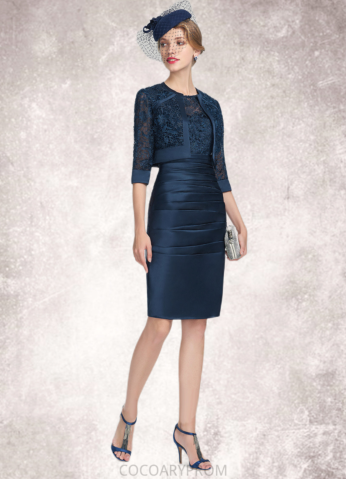 Bella Sheath/Column Scoop Neck Knee-Length Satin Lace Mother of the Bride Dress With Ruffle DA8126P0014693