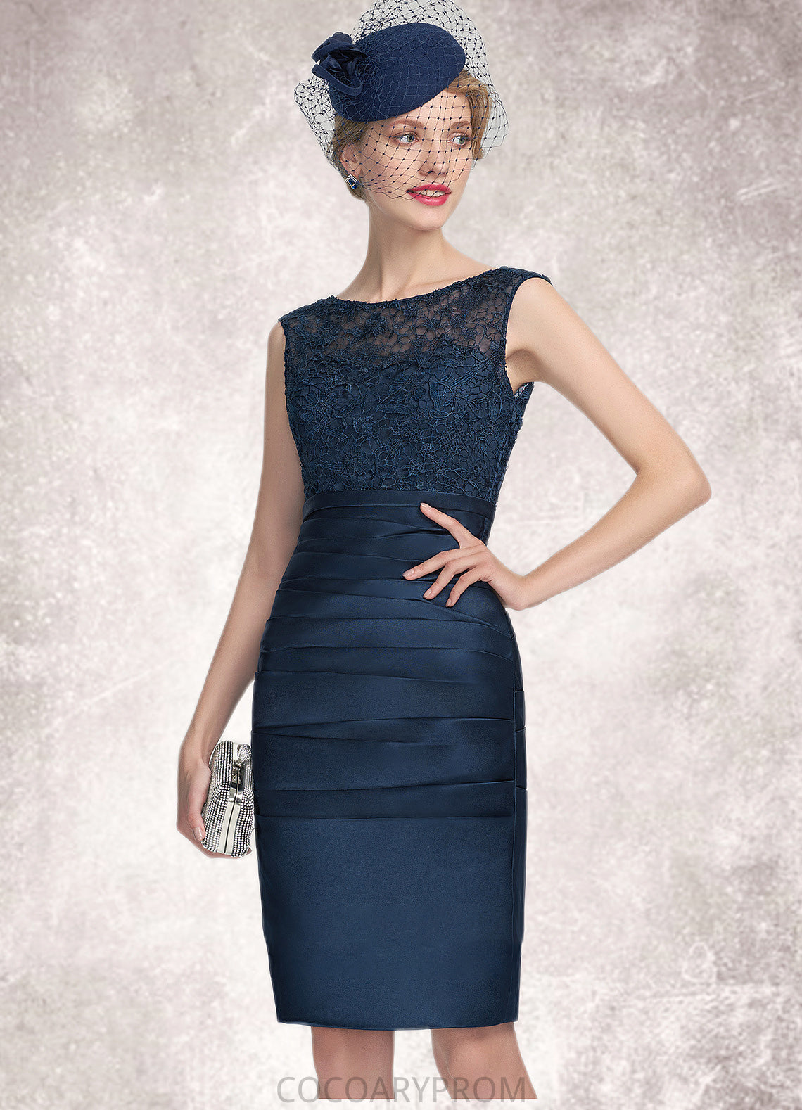 Bella Sheath/Column Scoop Neck Knee-Length Satin Lace Mother of the Bride Dress With Ruffle DA8126P0014693