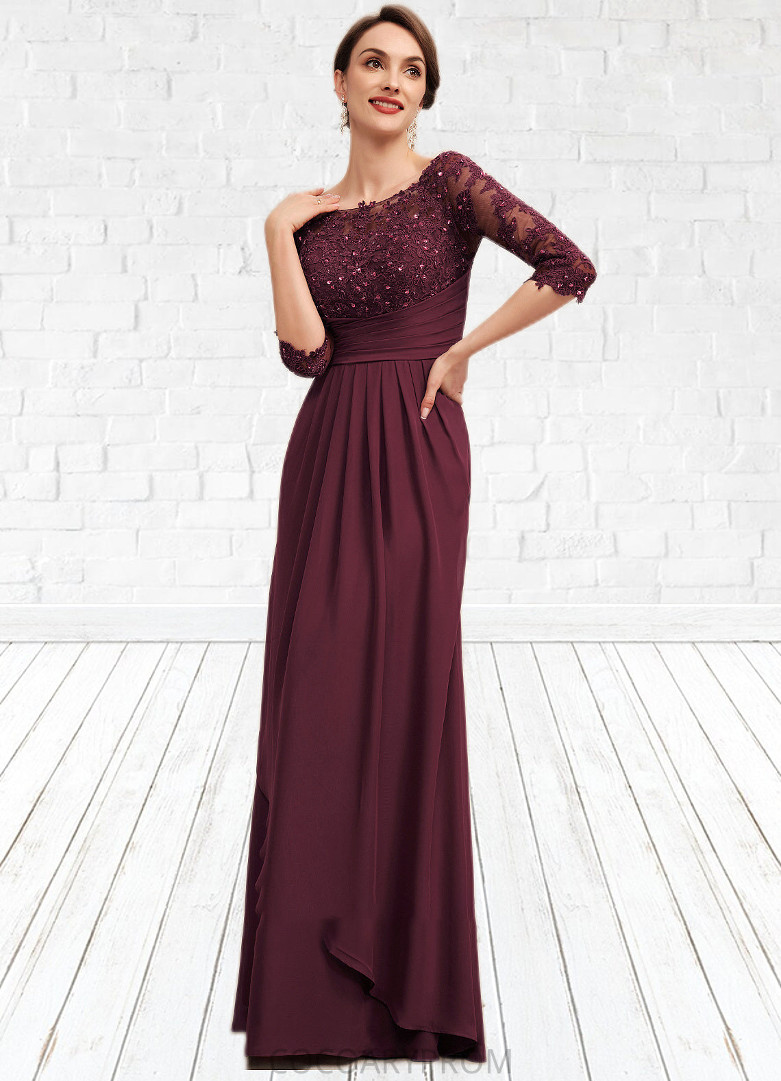 Luna A-Line Off-the-Shoulder Floor-Length Chiffon Lace Mother of the Bride Dress With Beading Sequins Cascading Ruffles DA8126P0014700