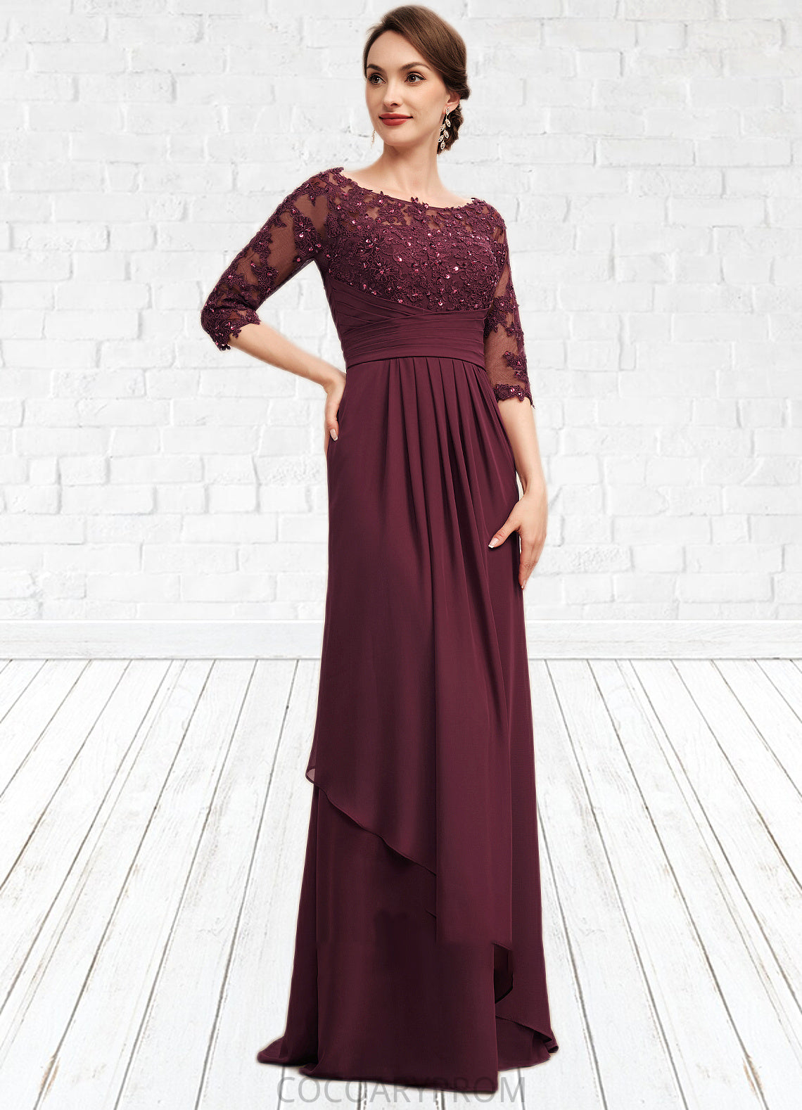 Luna A-Line Off-the-Shoulder Floor-Length Chiffon Lace Mother of the Bride Dress With Beading Sequins Cascading Ruffles DA8126P0014700