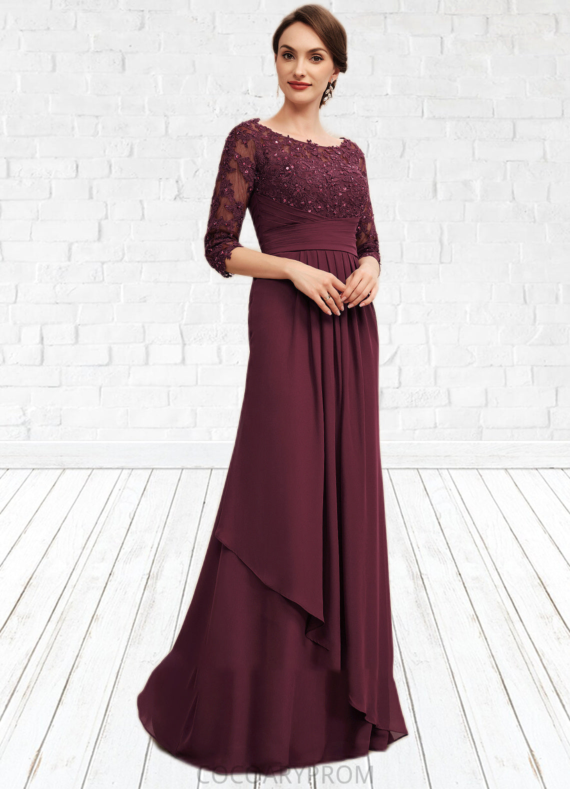 Luna A-Line Off-the-Shoulder Floor-Length Chiffon Lace Mother of the Bride Dress With Beading Sequins Cascading Ruffles DA8126P0014700