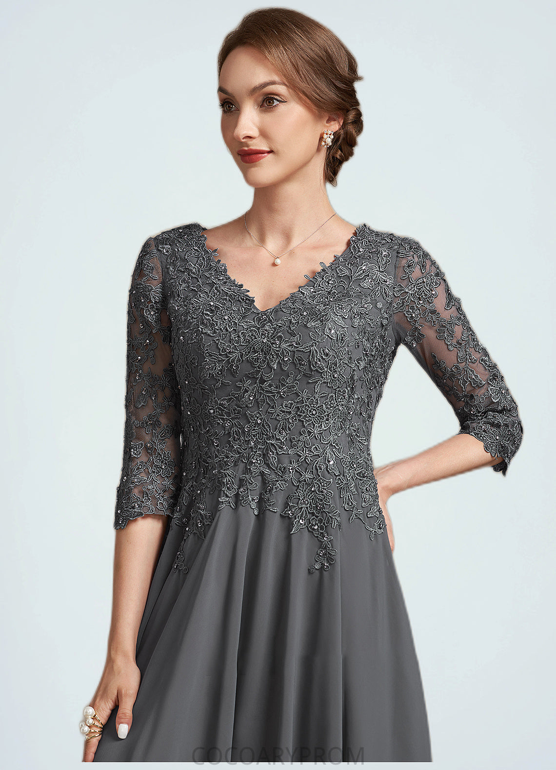 Jacey A-line V-Neck Tea-Length Chiffon Lace Mother of the Bride Dress With Beading Sequins DA8126P0014702