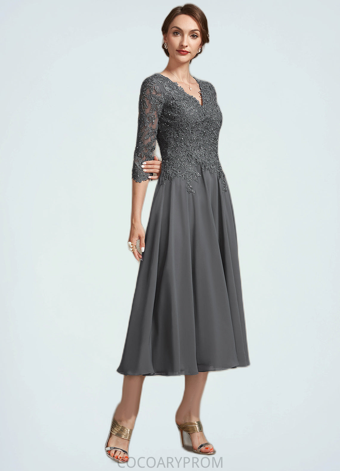 Jacey A-line V-Neck Tea-Length Chiffon Lace Mother of the Bride Dress With Beading Sequins DA8126P0014702