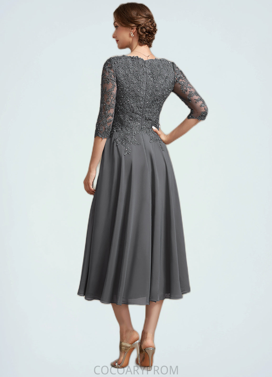 Jacey A-line V-Neck Tea-Length Chiffon Lace Mother of the Bride Dress With Beading Sequins DA8126P0014702