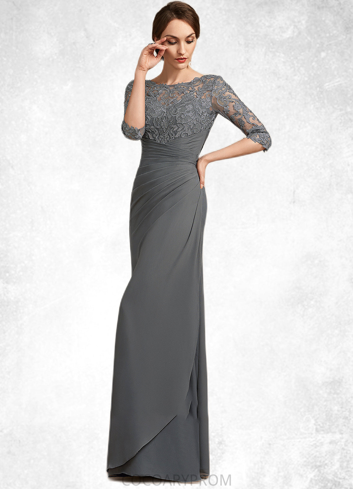 Caylee Sheath/Column Scoop Neck Floor-Length Chiffon Lace Mother of the Bride Dress With Ruffle DA8126P0014703