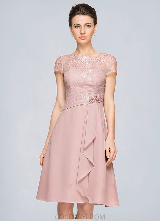 Skylar A-Line Scoop Neck Knee-Length Chiffon Lace Mother of the Bride Dress With Beading Flower(s) Sequins Cascading Ruffles DA8126P0014704