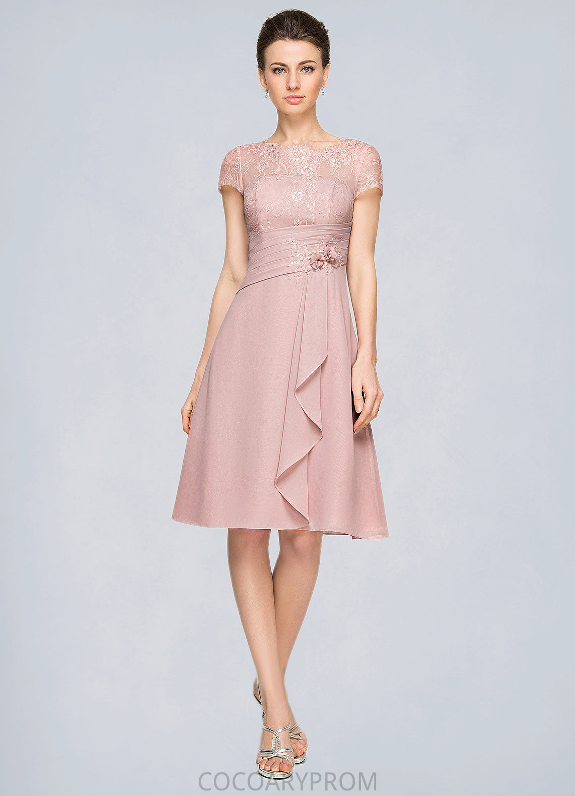 Skylar A-Line Scoop Neck Knee-Length Chiffon Lace Mother of the Bride Dress With Beading Flower(s) Sequins Cascading Ruffles DA8126P0014704