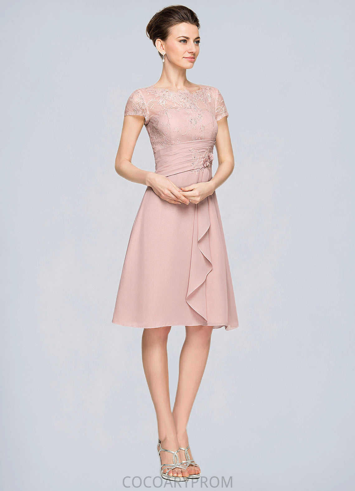 Skylar A-Line Scoop Neck Knee-Length Chiffon Lace Mother of the Bride Dress With Beading Flower(s) Sequins Cascading Ruffles DA8126P0014704