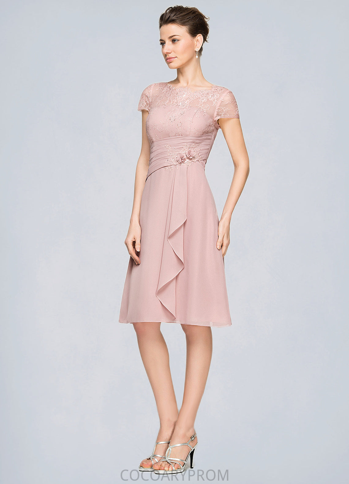 Skylar A-Line Scoop Neck Knee-Length Chiffon Lace Mother of the Bride Dress With Beading Flower(s) Sequins Cascading Ruffles DA8126P0014704