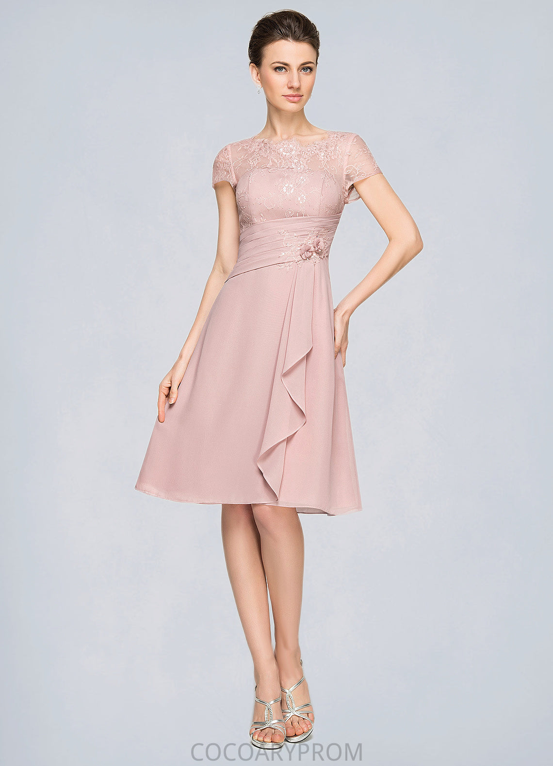 Skylar A-Line Scoop Neck Knee-Length Chiffon Lace Mother of the Bride Dress With Beading Flower(s) Sequins Cascading Ruffles DA8126P0014704