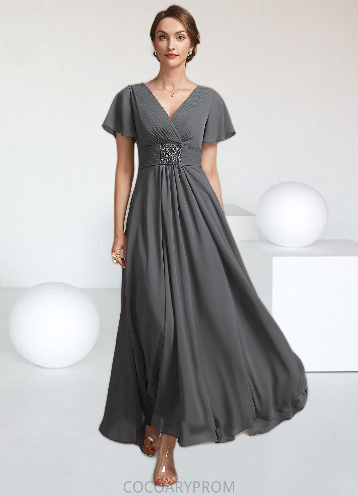 Willow A-Line V-neck Ankle-Length Chiffon Mother of the Bride Dress With Ruffle Beading DA8126P0014709