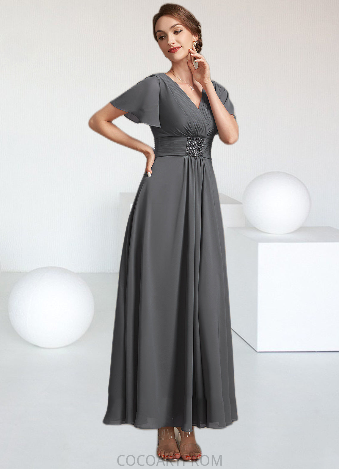 Willow A-Line V-neck Ankle-Length Chiffon Mother of the Bride Dress With Ruffle Beading DA8126P0014709