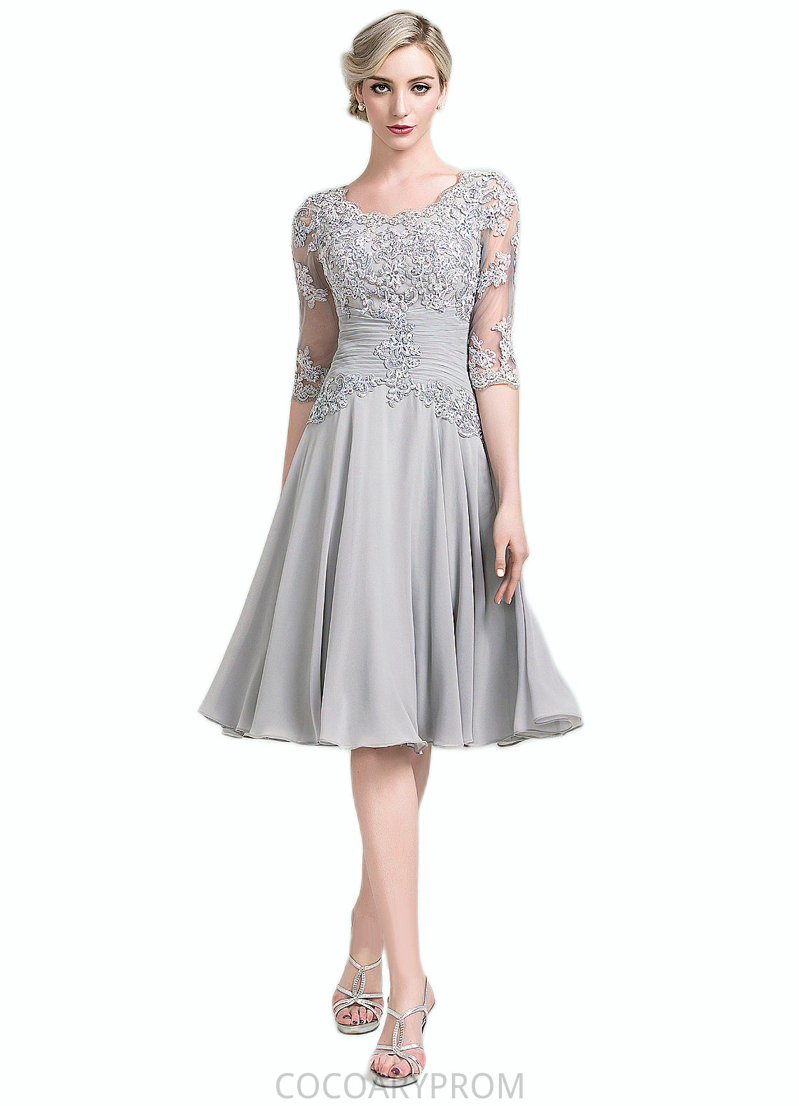 Mila A-Line Scoop Neck Knee-Length Chiffon Mother of the Bride Dress With Ruffle Appliques Lace DA8126P0014715