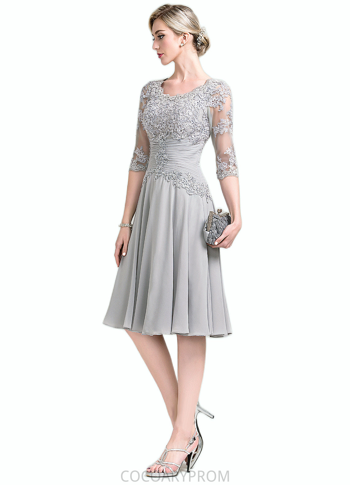 Mila A-Line Scoop Neck Knee-Length Chiffon Mother of the Bride Dress With Ruffle Appliques Lace DA8126P0014715