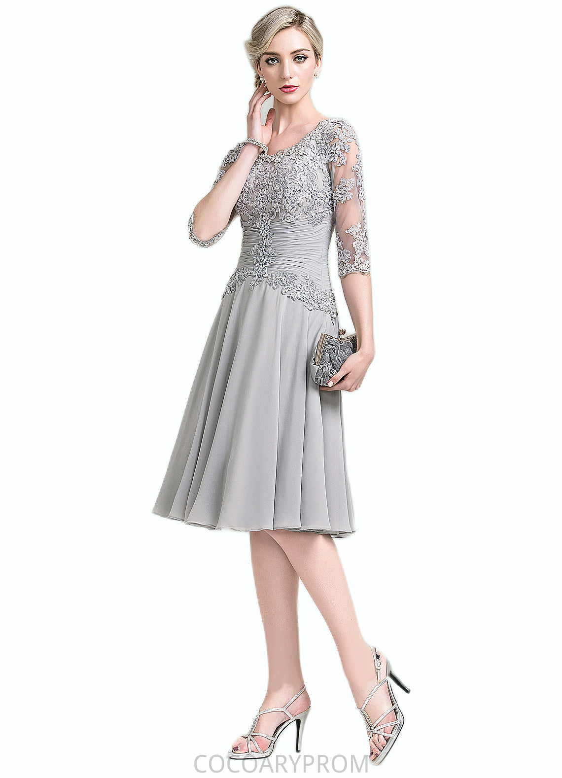 Mila A-Line Scoop Neck Knee-Length Chiffon Mother of the Bride Dress With Ruffle Appliques Lace DA8126P0014715