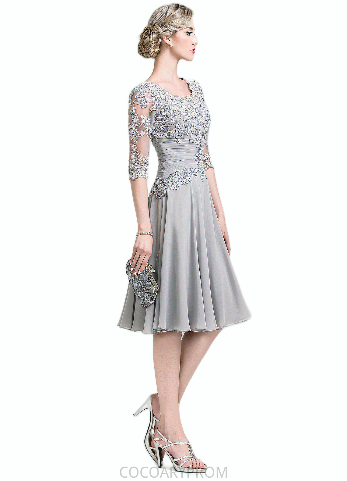 Mila A-Line Scoop Neck Knee-Length Chiffon Mother of the Bride Dress With Ruffle Appliques Lace DA8126P0014715